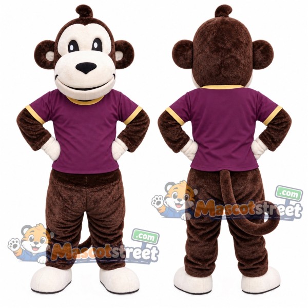 Brown Monkey Mascot Costume with Purple Sports Uniform