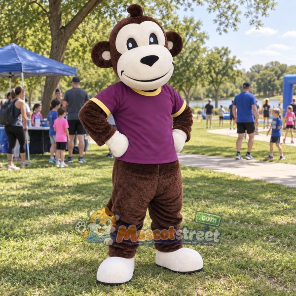 Brown Monkey Mascot Costume with Purple Sports Uniform