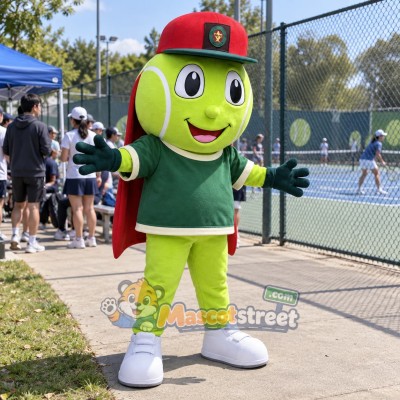 Green Tennis Ball Mascot Costume with Green Shirt and Red Cap Green Tennis Ball Mascot Costume with Green Shirt and Red Cap
