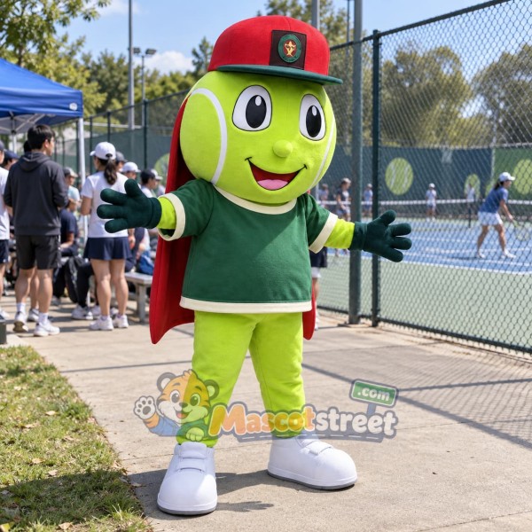 Green Tennis Ball Mascot Costume with Green Shirt and Red Cap Green Tennis Ball Mascot Costume with Green Shirt and Red Cap