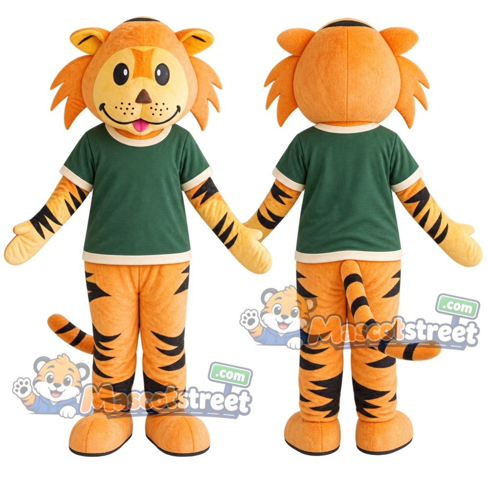 Orange Tiger Mascot Costume with Green Shirt Orange Tiger Mascot Costume with Green Shirt