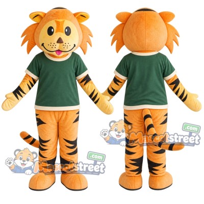 Orange Tiger Mascot Costume with Green Shirt Orange Tiger Mascot Costume with Green Shirt