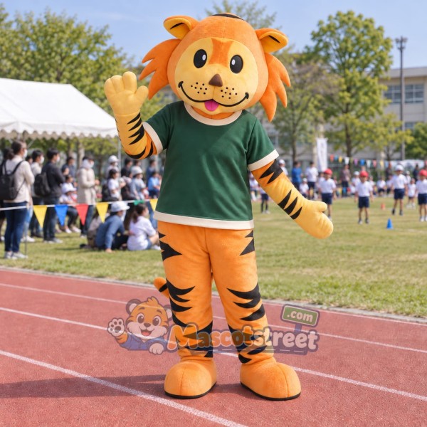 Orange Tiger Mascot Costume with Green Shirt