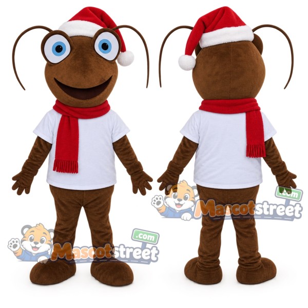 Brown Ant Mascot Costume with Santa Hat and Red Scarf