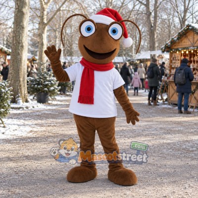 Brown Ant Mascot Costume with Santa Hat and Red Scarf Brown Ant Mascot Costume with Santa Hat and Red Scarf
