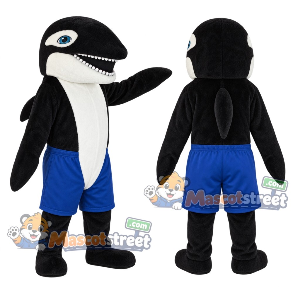 Black and White Orca Mascot Costume with Blue Shorts Black and White Orca Mascot Costume with Blue Shorts