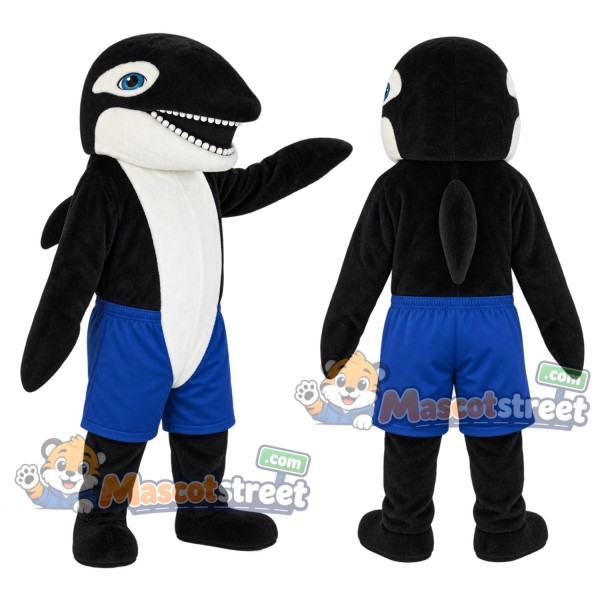 Black and White Orca Mascot Costume with Blue Shorts