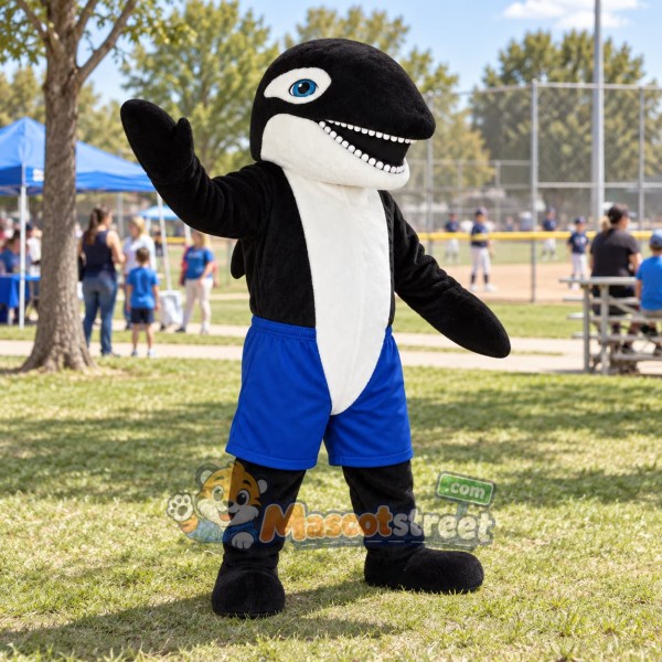 Black and White Orca Mascot Costume with Blue Shorts