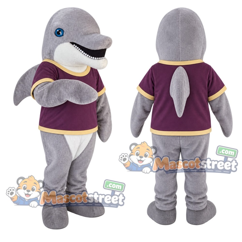 Gray Dolphin Mascot Costume with Purple Shirt Gray Dolphin Mascot Costume with Purple Shirt