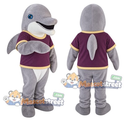 Gray Dolphin Mascot Costume with Purple Shirt Gray Dolphin Mascot Costume with Purple Shirt