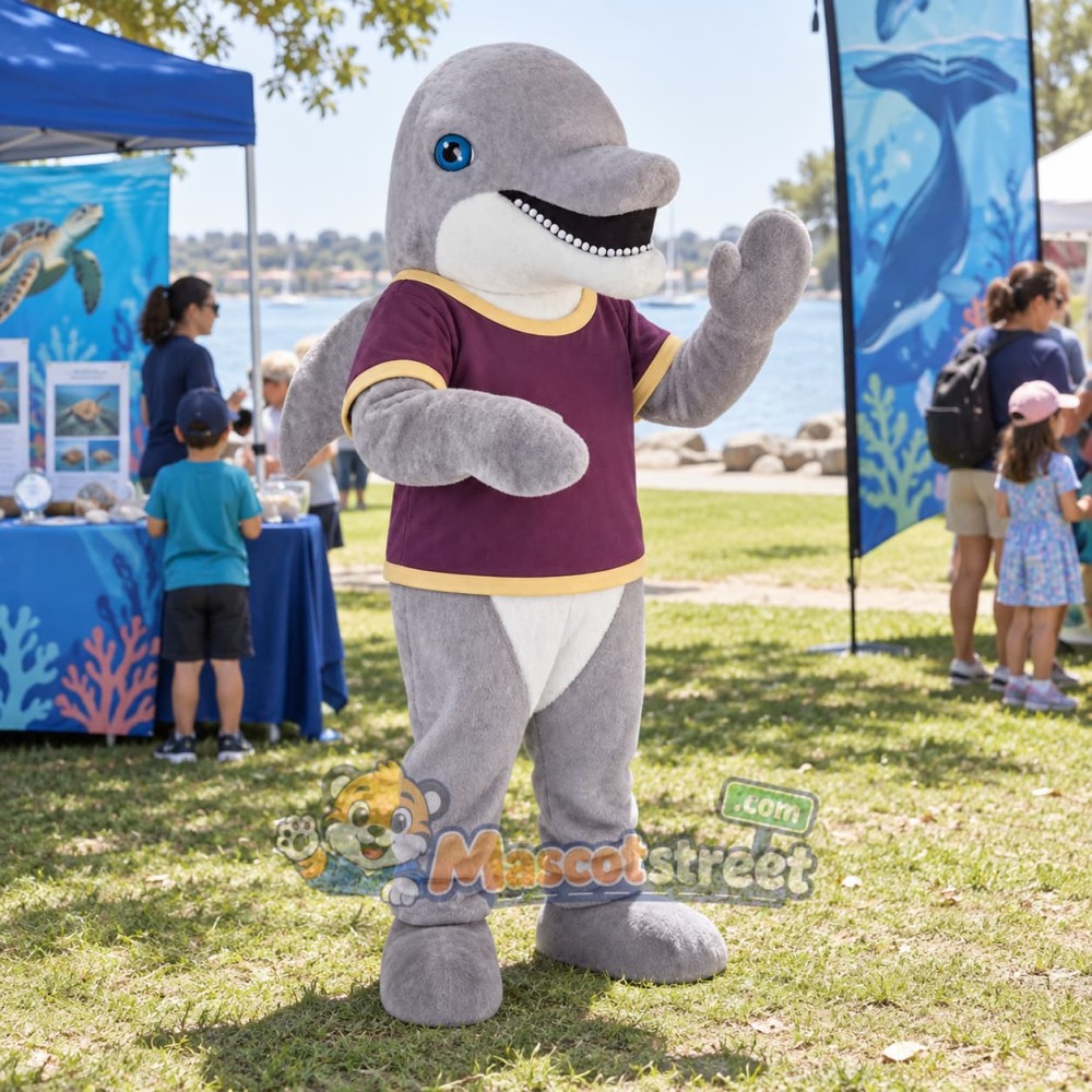 Gray Dolphin Mascot Costume with Purple Shirt Gray Dolphin Mascot Costume with Purple Shirt