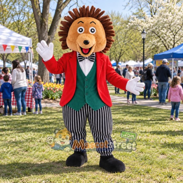 Brown Hedgehog Mascot Costume with Red Jacket and Striped Pants