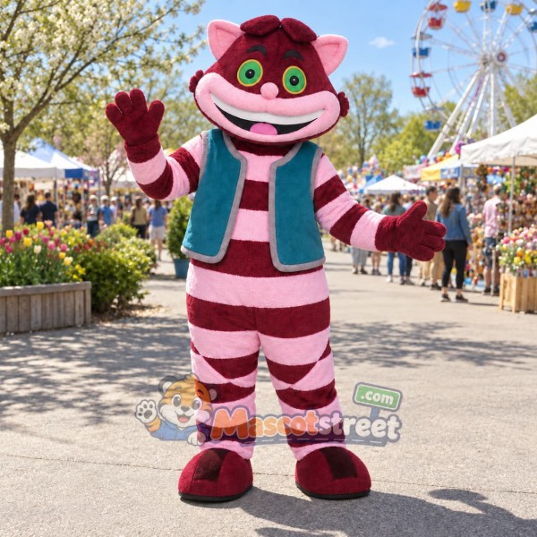 Pink Striped Cat Mascot Costume with Teal Vest
