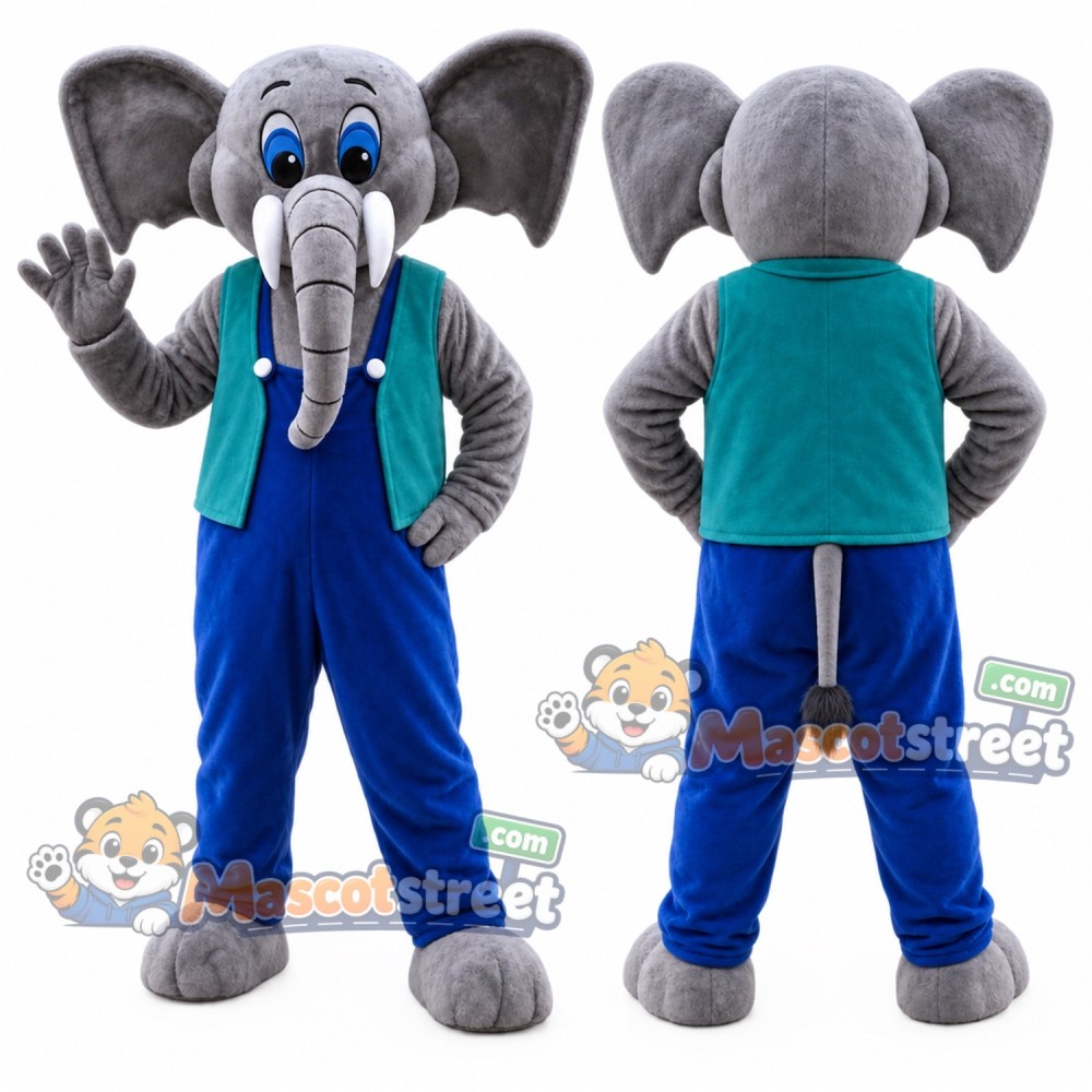Gray Elephant Mascot Costume with Teal Vest and Blue Overalls Gray Elephant Mascot Costume with Teal Vest and Blue Overalls