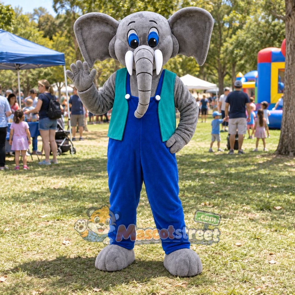 Gray Elephant Mascot Costume with Teal Vest and Blue Overalls Gray Elephant Mascot Costume with Teal Vest and Blue Overalls
