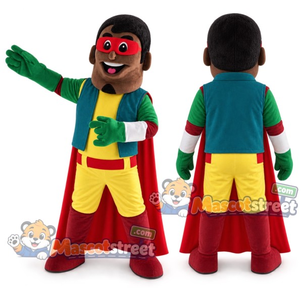Superhero Mascot Costume with Teal Vest and Red Cape