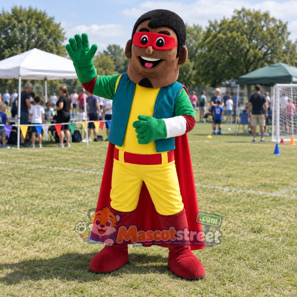 Superhero Mascot Costume with Teal Vest and Red Cape Superhero Mascot Costume with Teal Vest and Red Cape