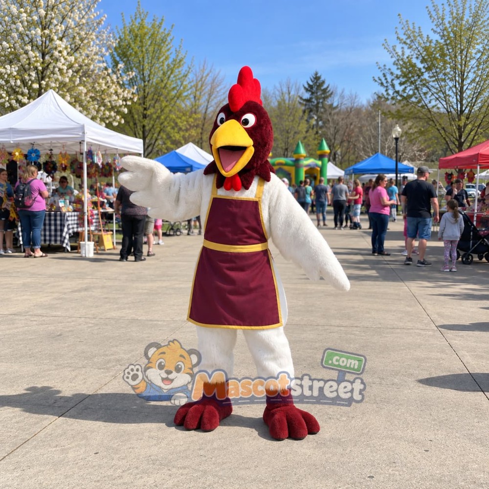 White Rooster Mascot Costume with Purple Apron White Rooster Mascot Costume with Purple Apron
