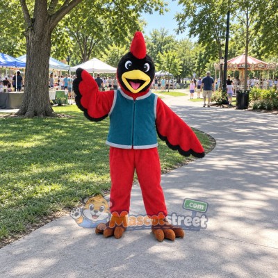 Red Roadrunner Mascot Costume with Teal Vest