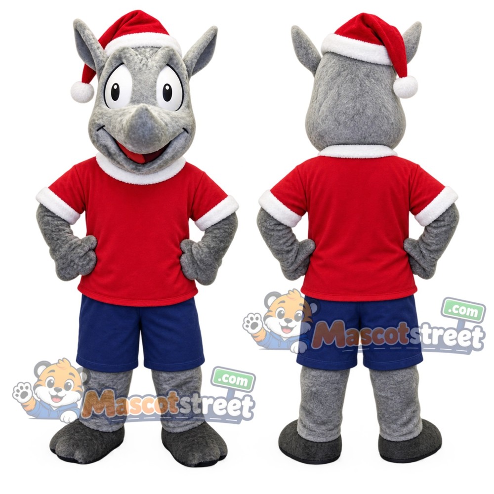 Gray Rhino Mascot Costume with Santa Hat and Red Shirt Gray Rhino Mascot Costume with Santa Hat and Red Shirt