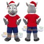 Gray Rhino Mascot Costume with Santa Hat and Red Shirt