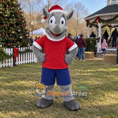 Gray Rhino Mascot Costume with Santa Hat and Red Shirt Gray Rhino Mascot Costume with Santa Hat and Red Shirt