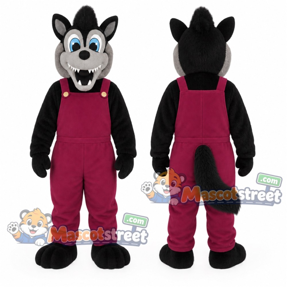 Black Wolf Mascot Costume with Burgundy Overalls Black Wolf Mascot Costume with Burgundy Overalls