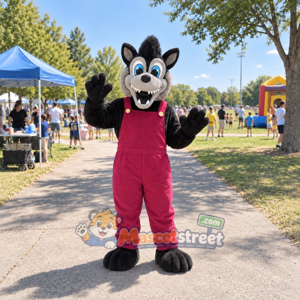 Black Wolf Mascot Costume with Burgundy Overalls Black Wolf Mascot Costume with Burgundy Overalls