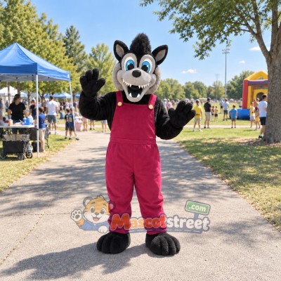 Black Wolf Mascot Costume with Burgundy Overalls Black Wolf Mascot Costume with Burgundy Overalls