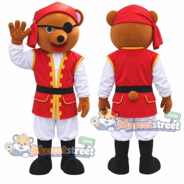 Pirate Bear Mascot Costume with Red Vest and Bandana