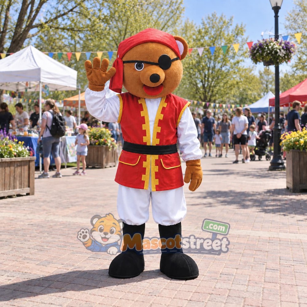 Pirate Bear Mascot Costume with Red Vest and Bandana