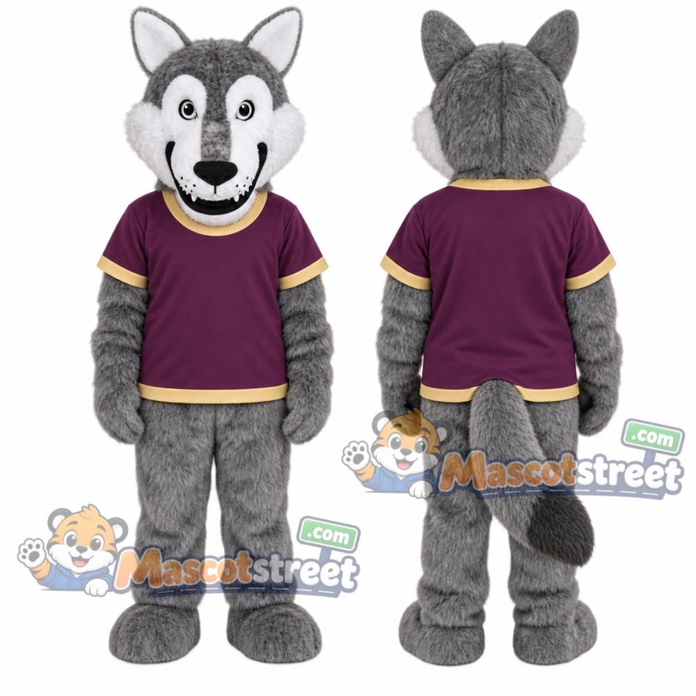 Gray Wolf Mascot Costume with Purple Shirt Gray Wolf Mascot Costume with Purple Shirt