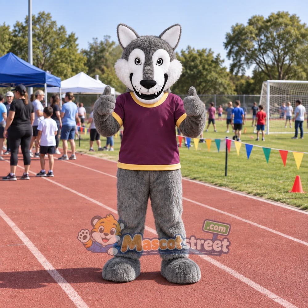 Gray Wolf Mascot Costume with Purple Shirt Gray Wolf Mascot Costume with Purple Shirt