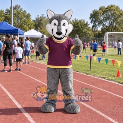 Gray Wolf Mascot Costume with Purple Shirt Gray Wolf Mascot Costume with Purple Shirt