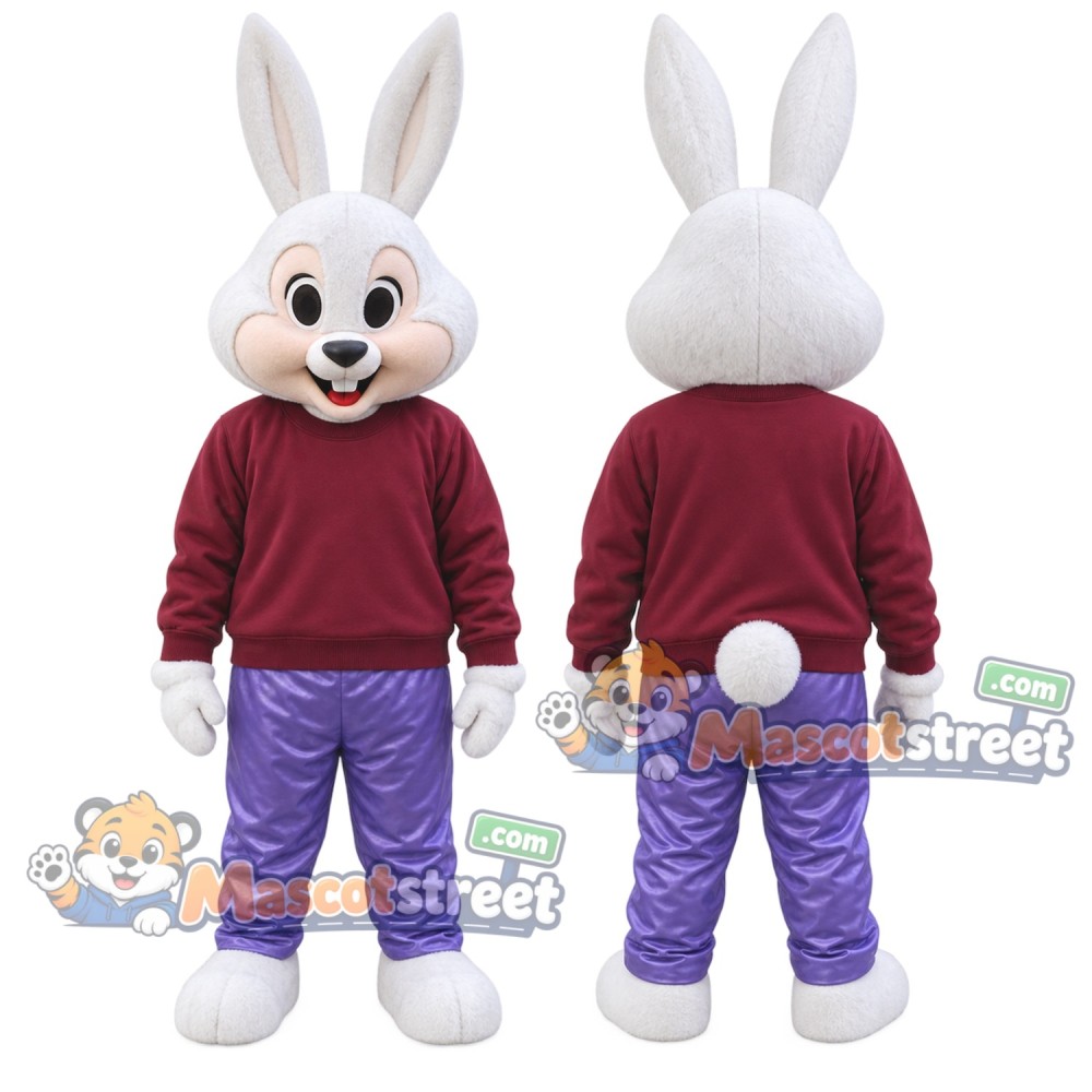 White Rabbit Mascot Costume with Burgundy Sweatshirt and Purple Pants White Rabbit Mascot Costume with Burgundy Sweatshirt and Purple Pants