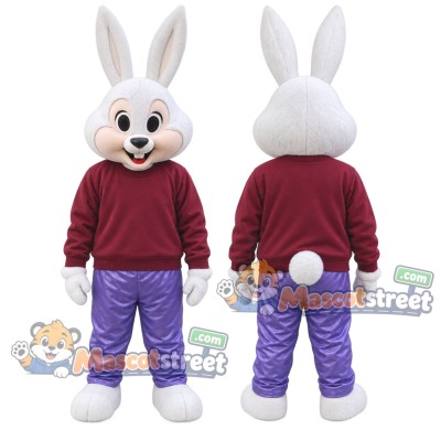 White Rabbit Mascot Costume with Burgundy Sweatshirt and Purple Pants White Rabbit Mascot Costume with Burgundy Sweatshirt and Purple Pants