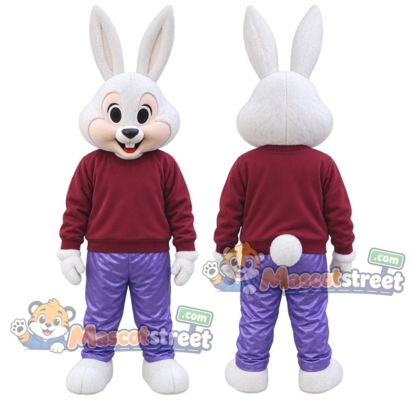 White Rabbit Mascot Costume with Burgundy Sweatshirt and Purple Pants