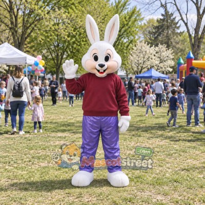 White Rabbit Mascot Costume with Burgundy Sweatshirt and Purple Pants White Rabbit Mascot Costume with Burgundy Sweatshirt and Purple Pants