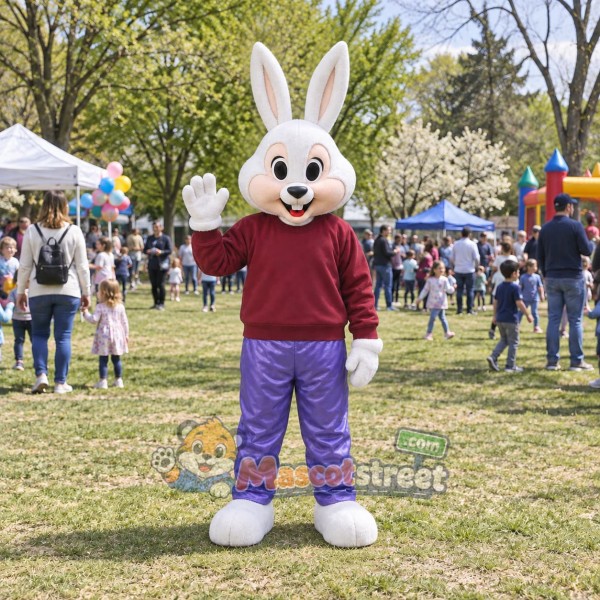 White Rabbit Mascot Costume with Burgundy Sweatshirt and Purple Pants