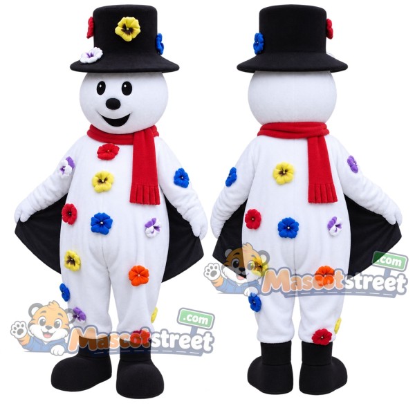 Snowman Mascot Costume with Polka-Dot Suit and Black Top Hat