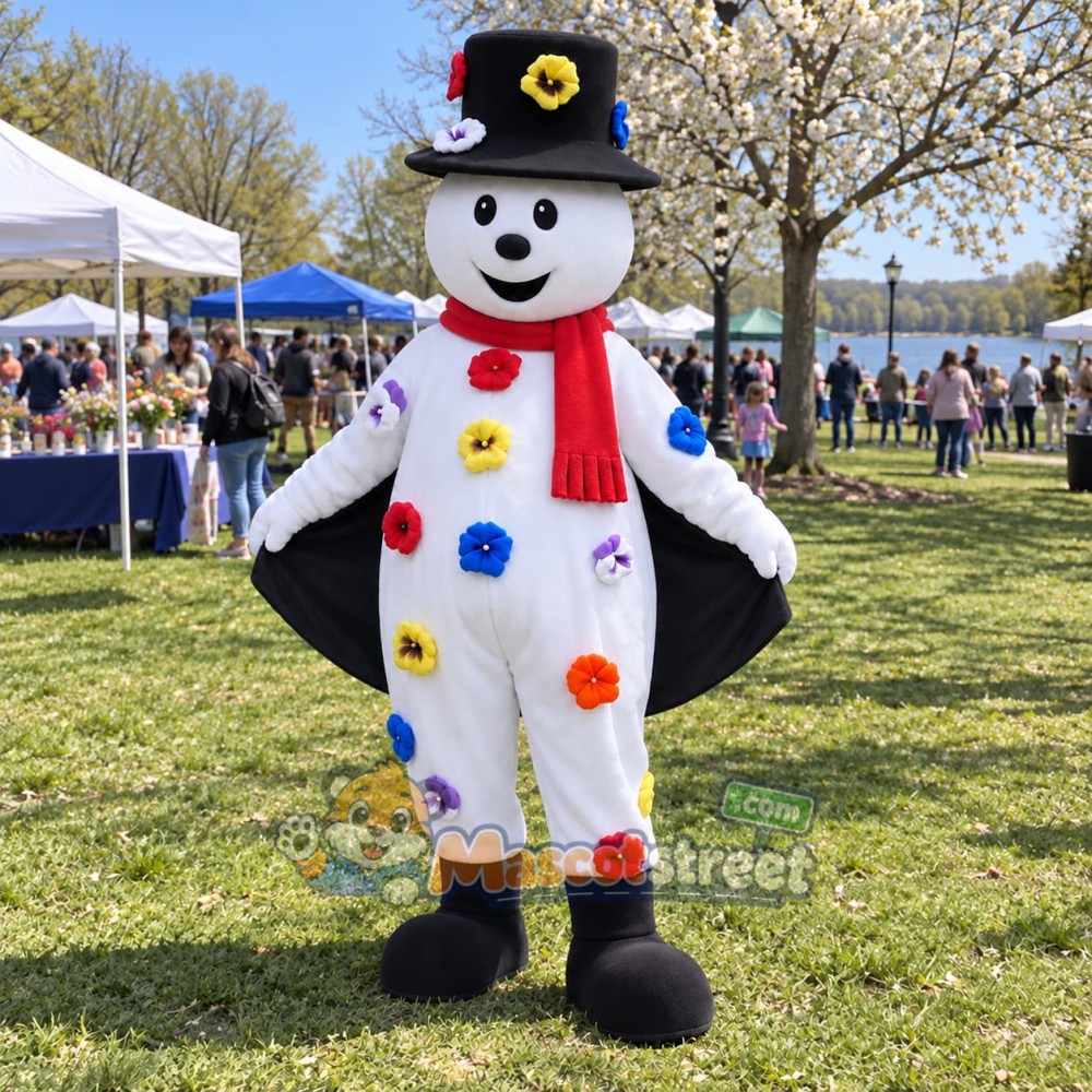 Snowman Mascot Costume with Polka-Dot Suit and Black Top Hat Snowman Mascot Costume with Polka-Dot Suit and Black Top Hat
