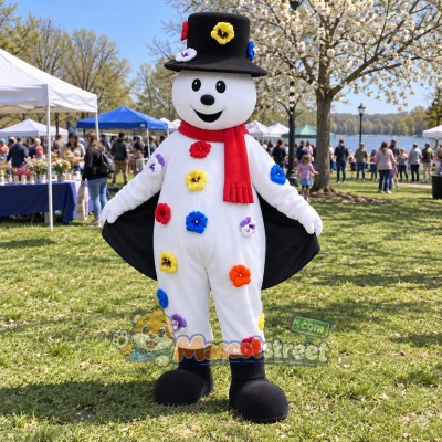 Snowman Mascot Costume with Polka-Dot Suit and Black Top Hat Snowman Mascot Costume with Polka-Dot Suit and Black Top Hat