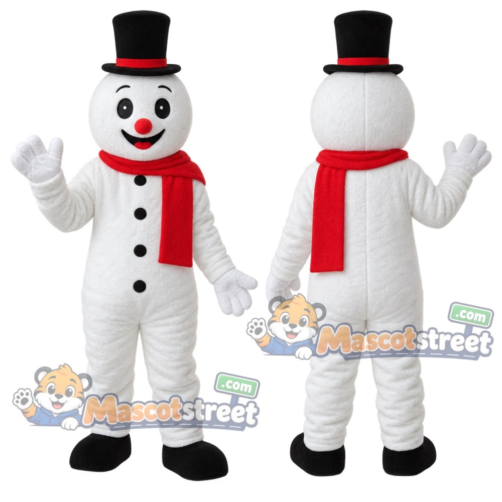 Snowman Mascot Costume with Black Top Hat and Red Scarf
