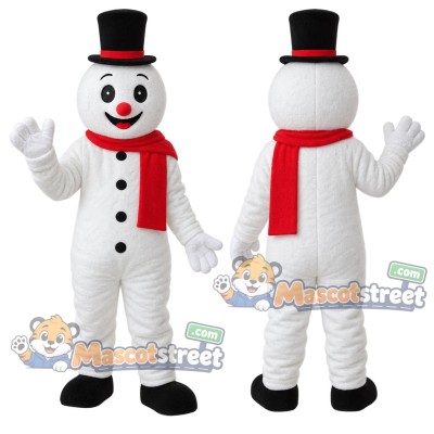 Snowman Mascot Costume with Black Top Hat and Red Scarf
