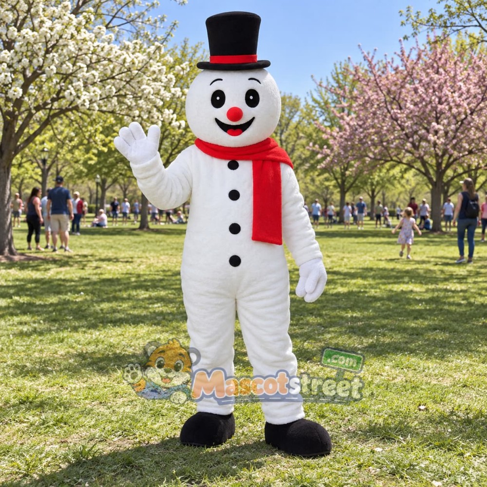 Snowman Mascot Costume with Black Top Hat and Red Scarf