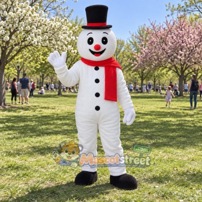 Snowman Mascot Costume with Black Top Hat and Red Scarf