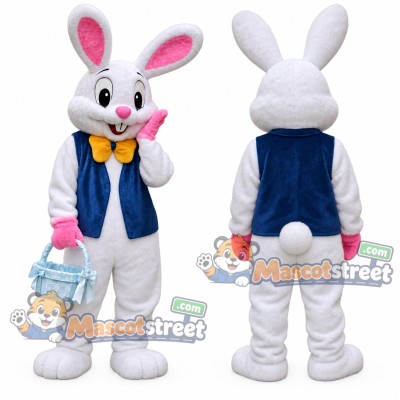 White Rabbit Mascot Costume with Navy Vest and Yellow Bow Tie