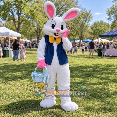 White Rabbit Mascot Costume with Navy Vest and Yellow Bow Tie