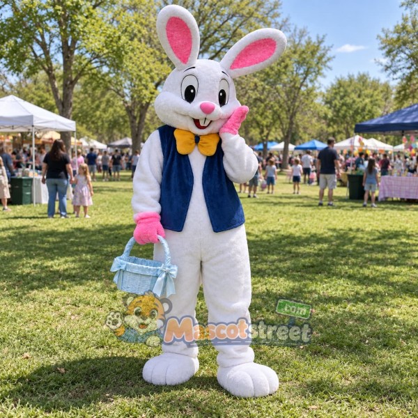 White Rabbit Mascot Costume with Navy Vest and Yellow Bow Tie