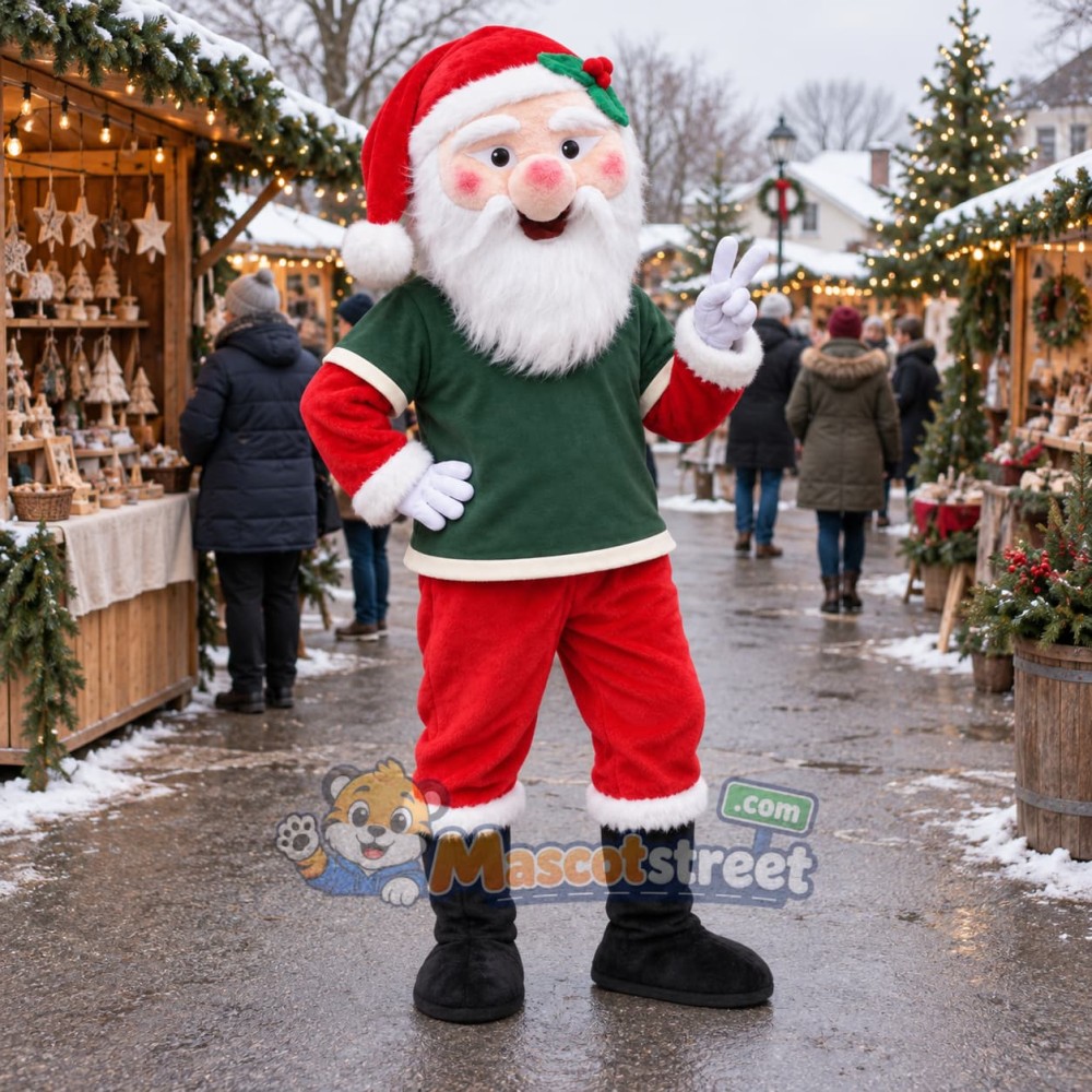 Santa Claus Mascot Costume with Green Sweater and Red Hat Santa Claus Mascot Costume with Green Sweater and Red Hat